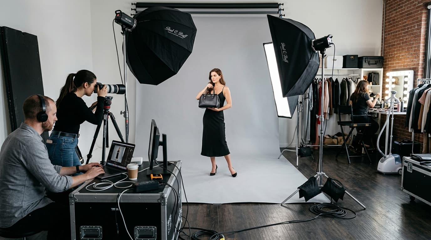 Studio photoshoot session with professional photographer and model